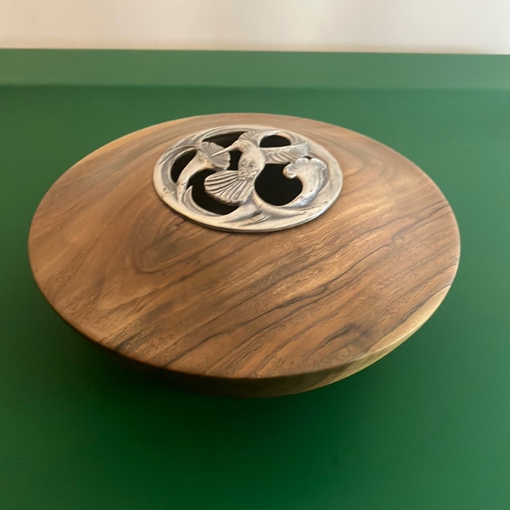 Handmade, black, walnut bowl with medal  hummingbird potpourri.